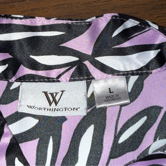 Worthington Purple Black Abstract Print Tie Waist Short Sleeve Blouse L - Picture 5 of 7